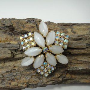 Vintage WEISS Signed Brooch Pin Flower Star Snowflake AB Rhinestones Marquise
